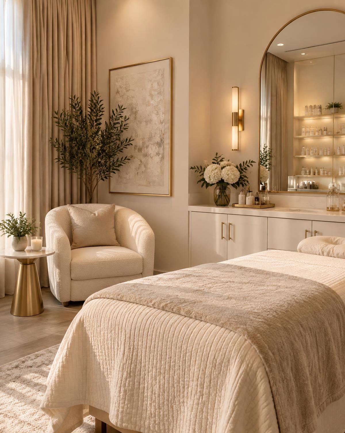 Warm boutique spa studio interior with treatment space and soft gold accents