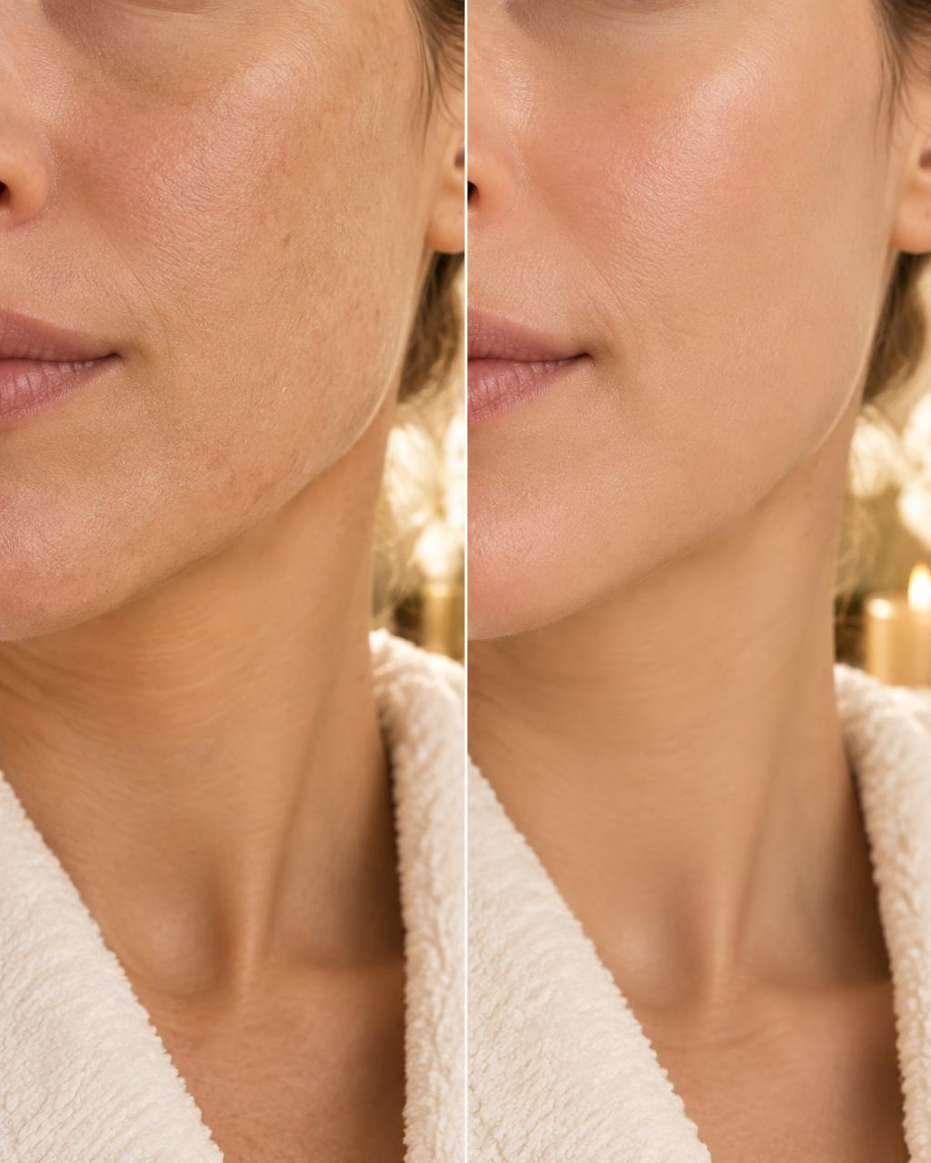 Illustrative before and after skin texture comparison for exfoliating facial care