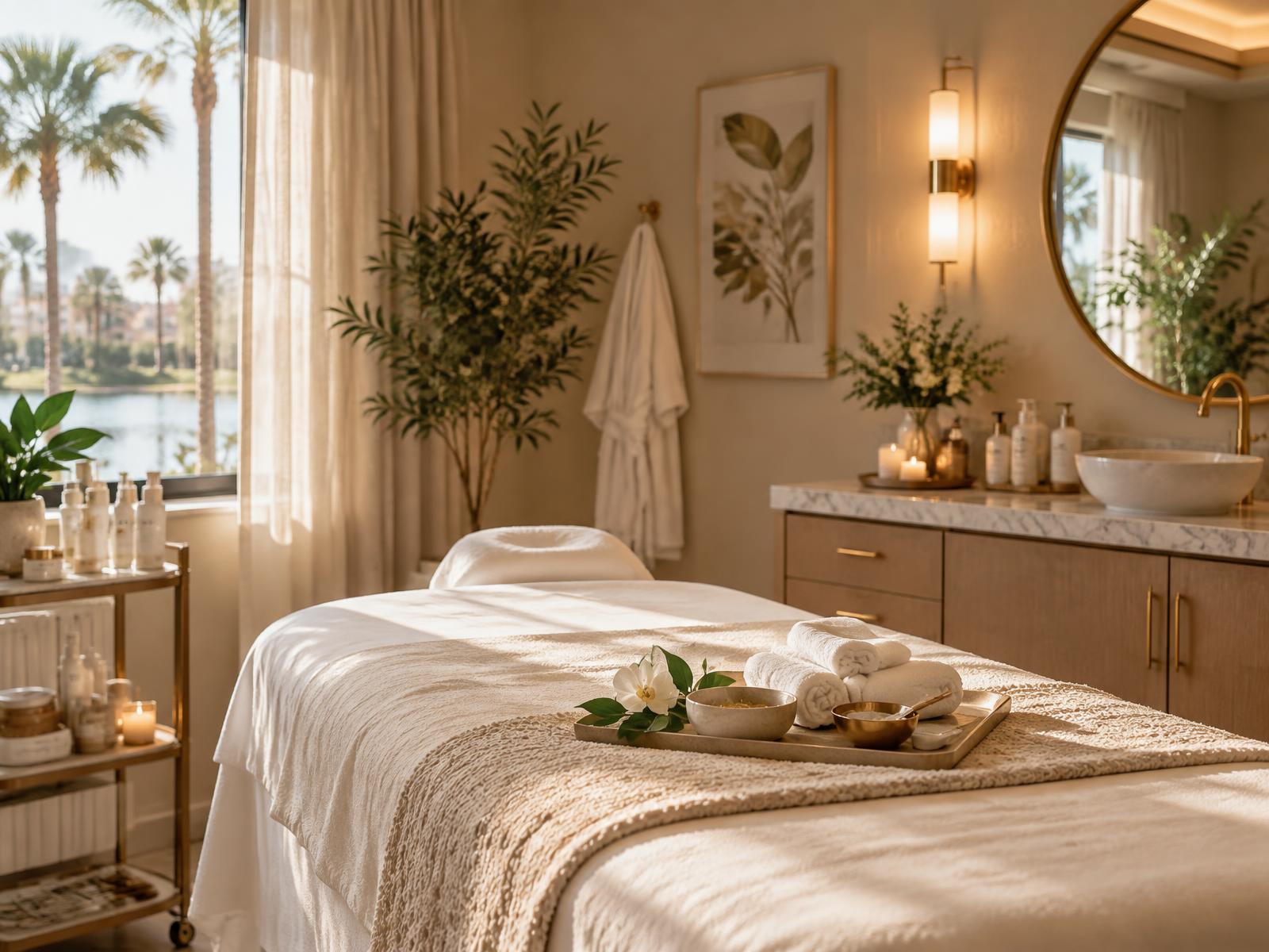 Calming boutique spa treatment room with warm light and facial care details